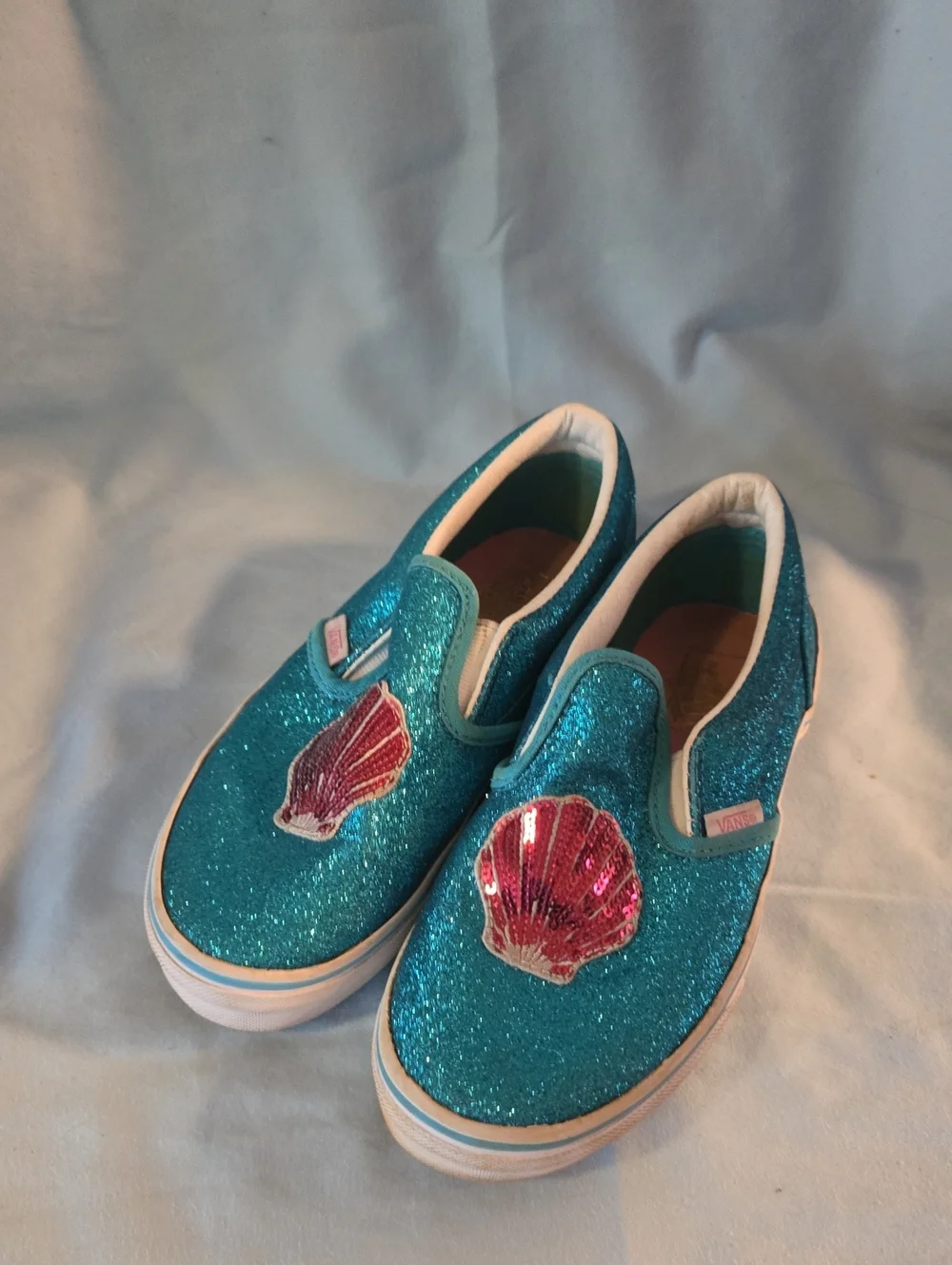 Vans Teal Glitter Slip-On Sneakers with Pink Shell Appliqués